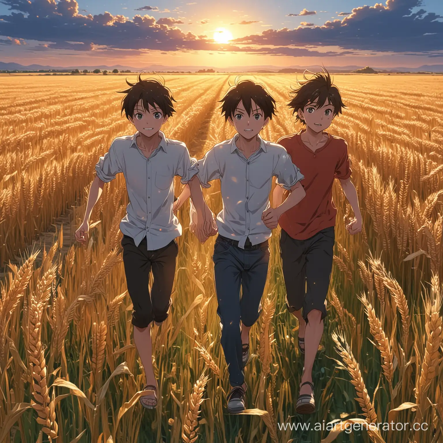 Два мальчика и одна девочка 16 лет бегут по пшеничному полю вечером, аниме