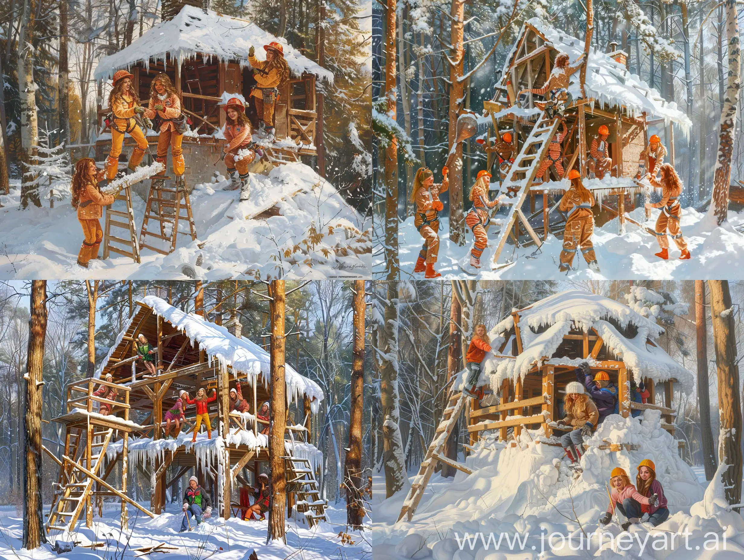 Фотореализм. Группа Спайс герлс одетая как строители зимой весело и шутливо строят заснеженный двухэтажный дом в лесу. Веселое настроение, яркий полдень.