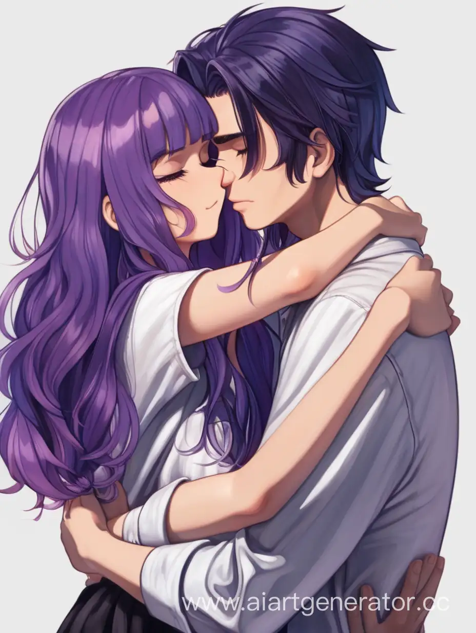 Девушка с фиолетовыми волосами обнимает парня с темными волосами. Они любят друг друга