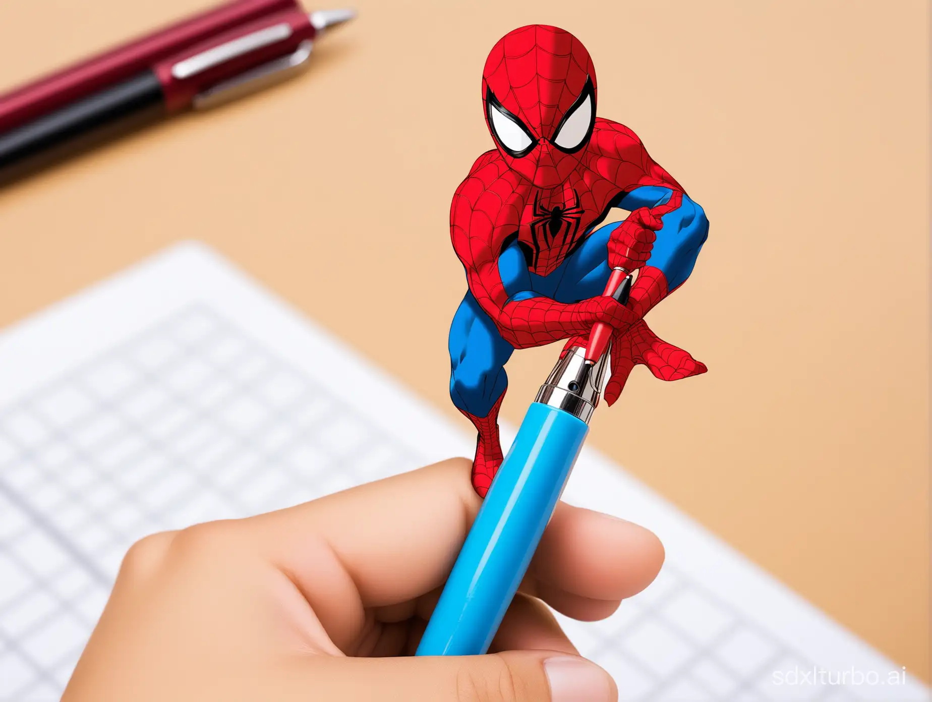 a pen look like Spiderman in the hand of a student boy