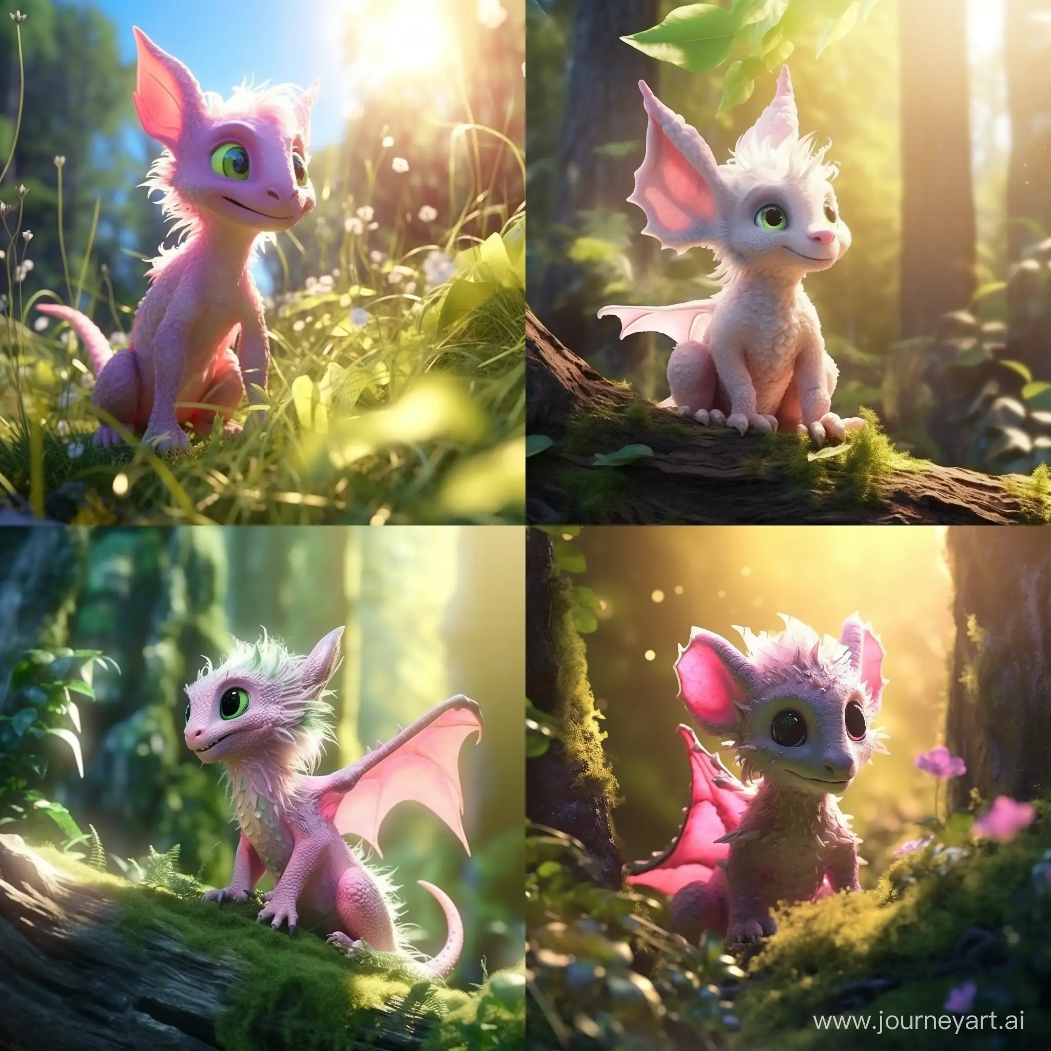 милый зелено-розовый детеныш дракона в весеннем лесу, яркое солнце, яркие тона, высокая детализация, высококачественное фото