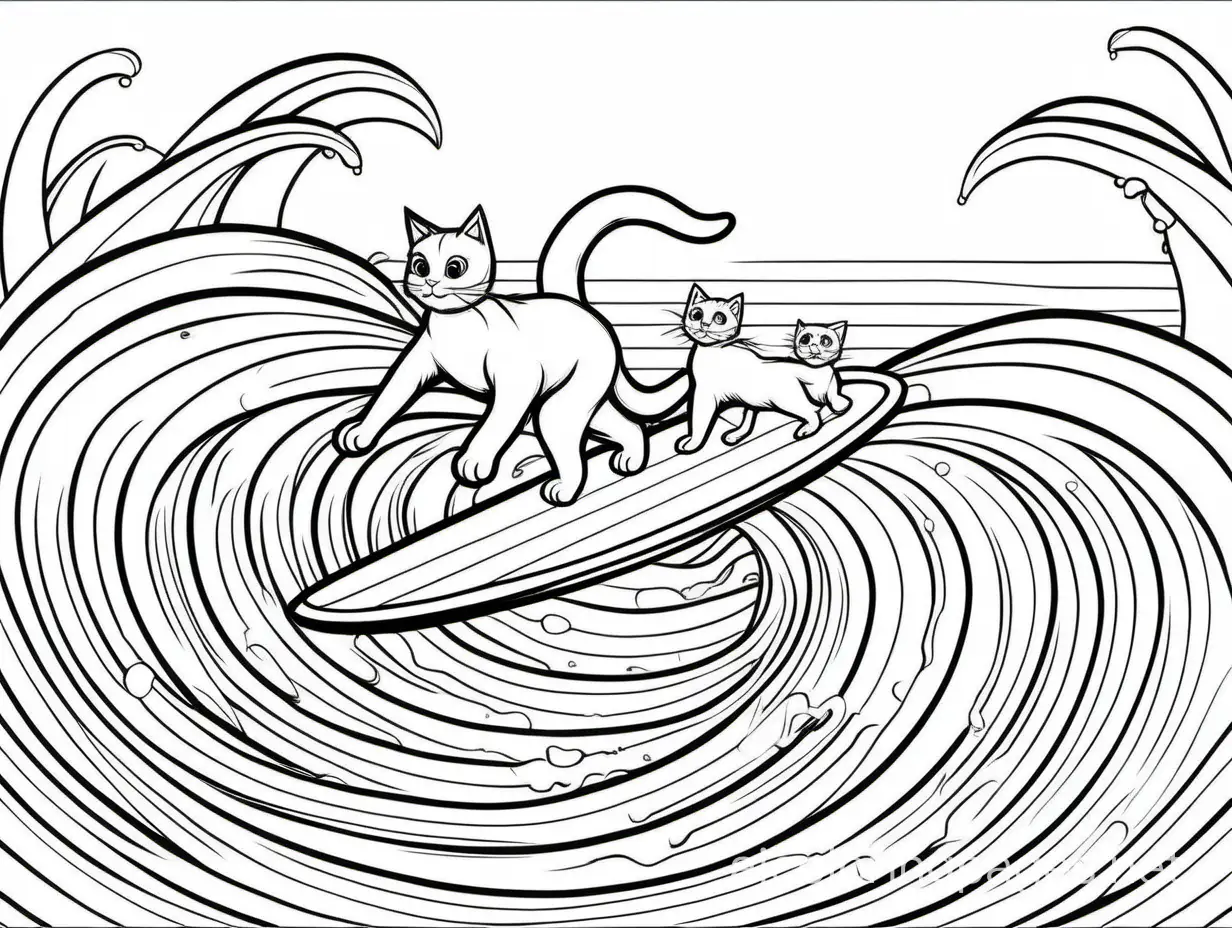 cats surfing in the ocean full colour , Coloring Page, black and white, line art, white background, Simplicity, Ample White Space. The background of the coloring page is plain white to make it easy for young children to color within the lines. The outlines of all the subjects are easy to distinguish, making it simple for kids to color without too much difficulty