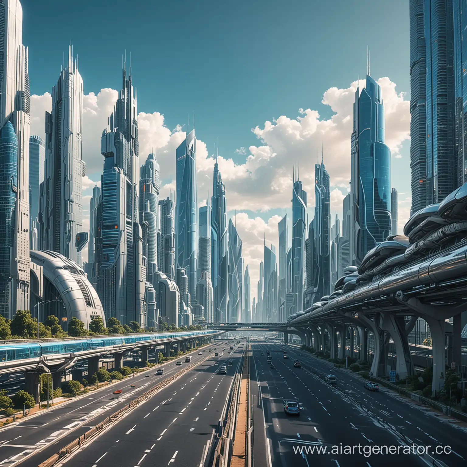 city of the future with skyscrapers in retrofuturism style. in the foreground there is a road stretching into the distance, silver skyscrapers rise to the right and left. blue sky is visible.