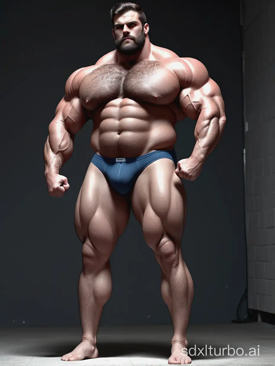 White skin and massive muscle stud, much bodyhair. Huge and giant and Strong body. Very Long and strong legs. 2m tall. very Big Chest. very Big biceps. 8-pack abs. Very Massive muscle Body. Wearing underwear. he is giant tall. very fat. very fat. very fat. Full Body diagram. very long legs. raise his arms to show his giant biceps.