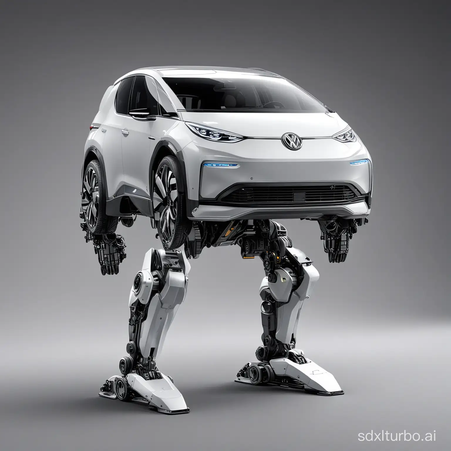 a volkswagen ID3 can standing like a transformer, has head  ,legs ,arms 