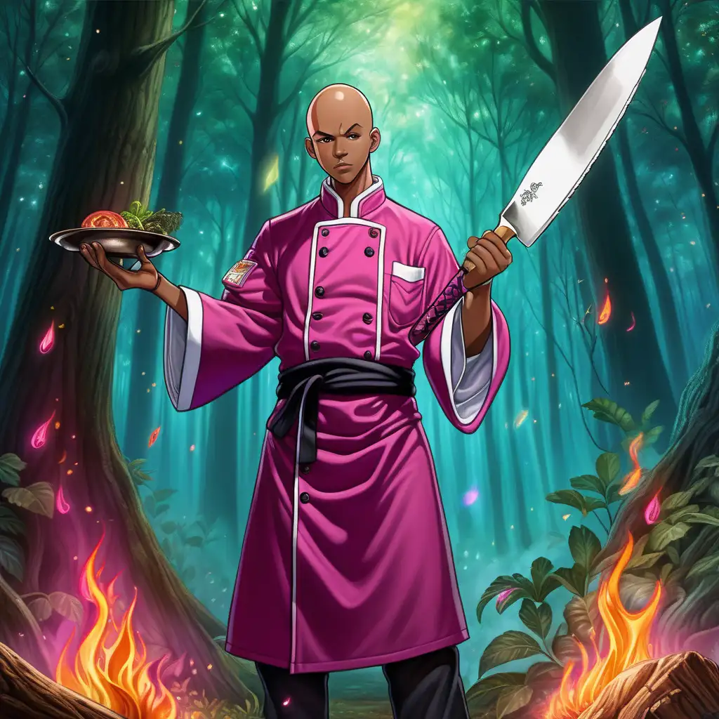 Manhwa art style, full body character, young bald black man wearing chef's robes, holding a shortsword that looks like a chef's knife, magenta flames around his hands, cooking a meal in a magical forest 