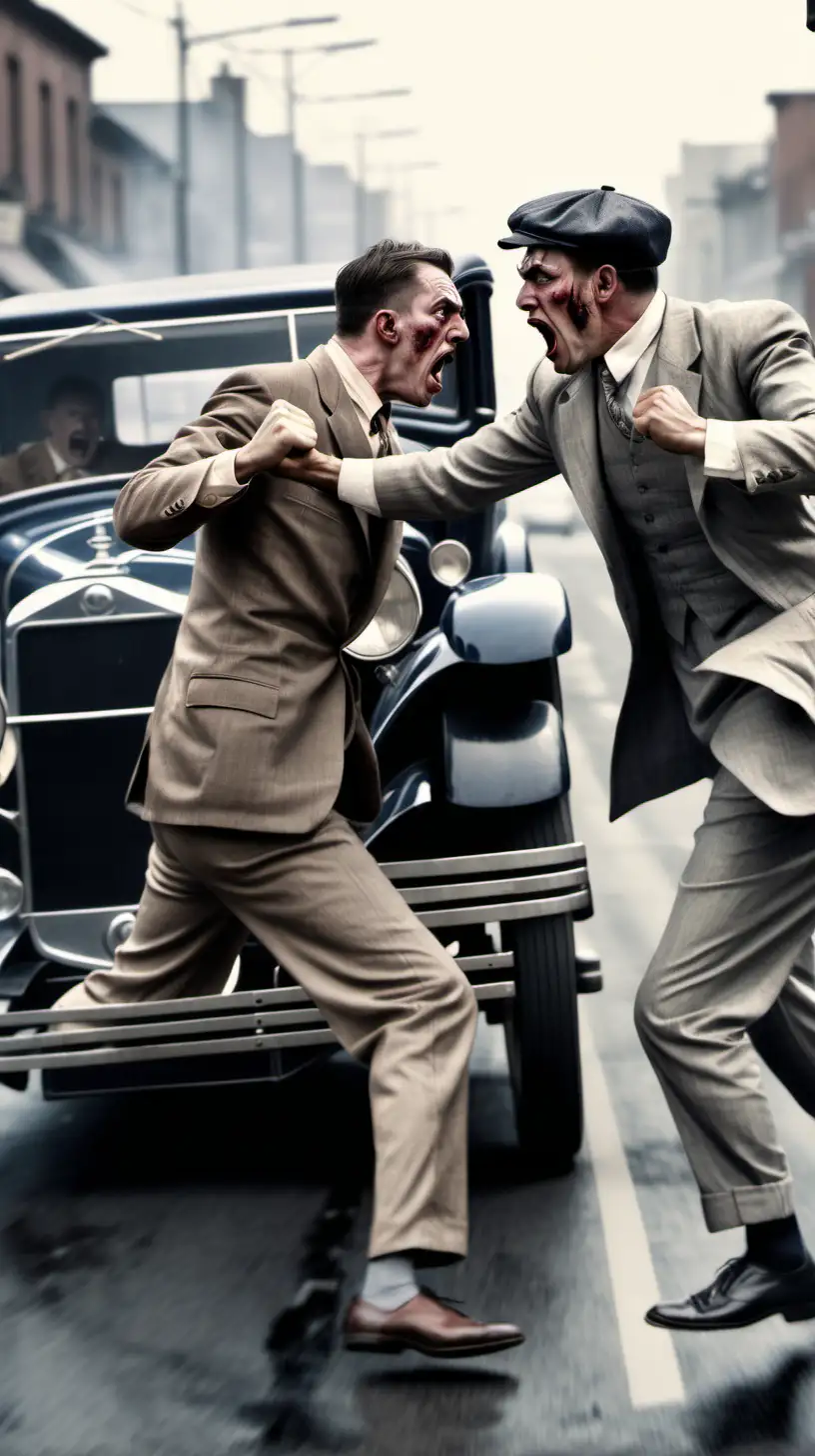 make the image of 2 men fighting on the road in 1920's a car traffic jam behind them one man is throwing a punch with a angry face while the other is protecting his face from the punch  .hyper realistic  clear detail 8k