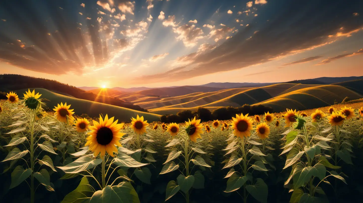 Vibrant Sunset Over Wild Sunflower Field and Rolling Hills