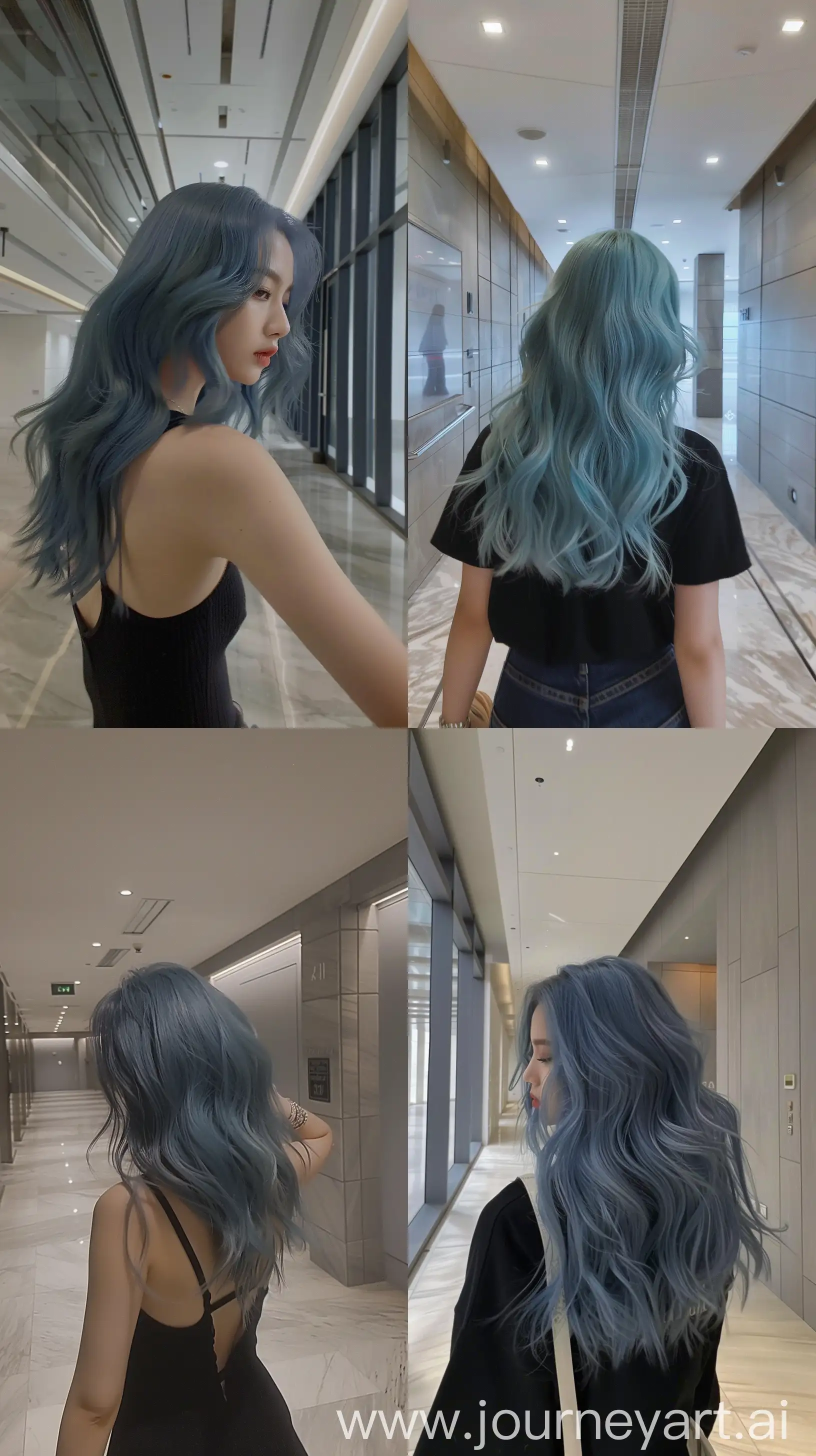 detailed aestethic selfie, blackpink's jennie, medium blue hair,  wavy, walking inside empty modern apartment hall, back body, hiding face --ar 9:16