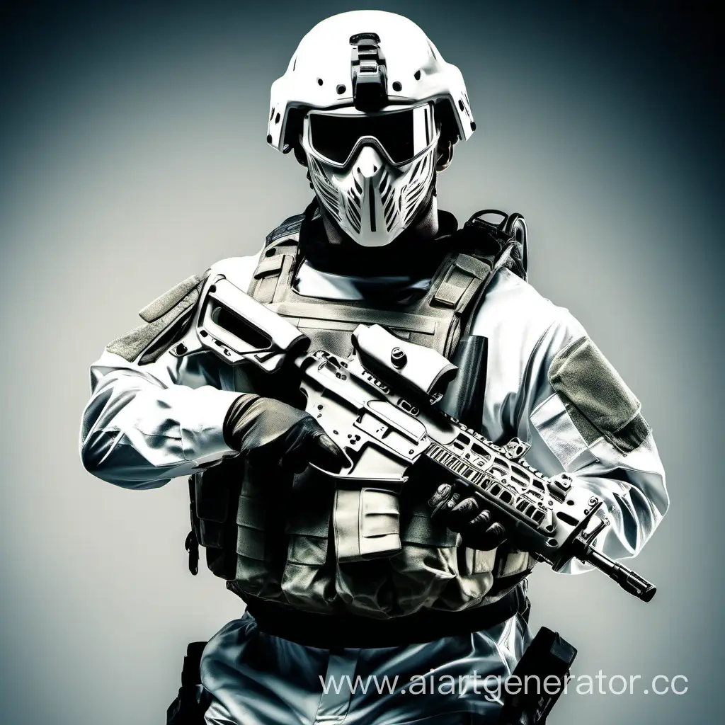 Современный солдат в боевом экзоскелете, экзоскелет белого цвета, лицо закрыто боевой металлической маской 