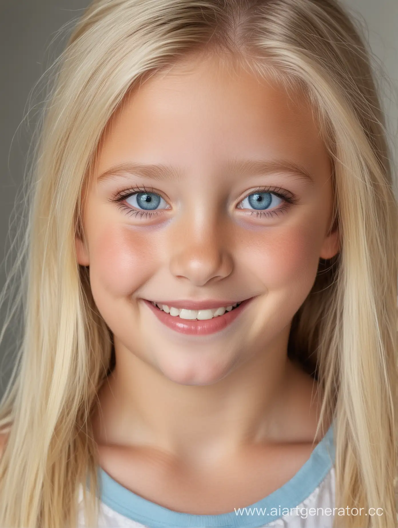 Девочка семи лет, блондинка, с голубыми глазами, улыбается