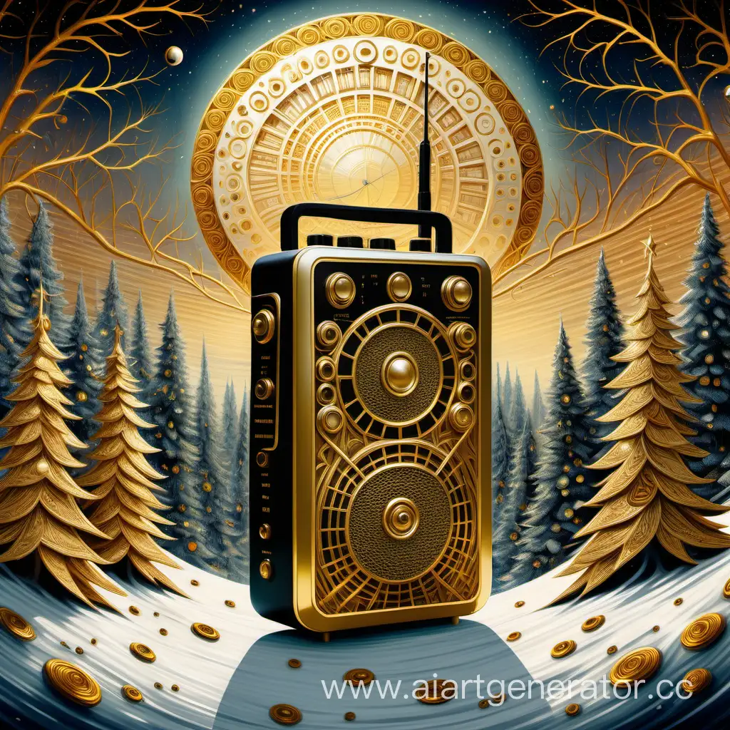 Enchanting-Portable-Communication-Radio-Station-with-Golden-Patterns-and-Festive-Fir-Trees