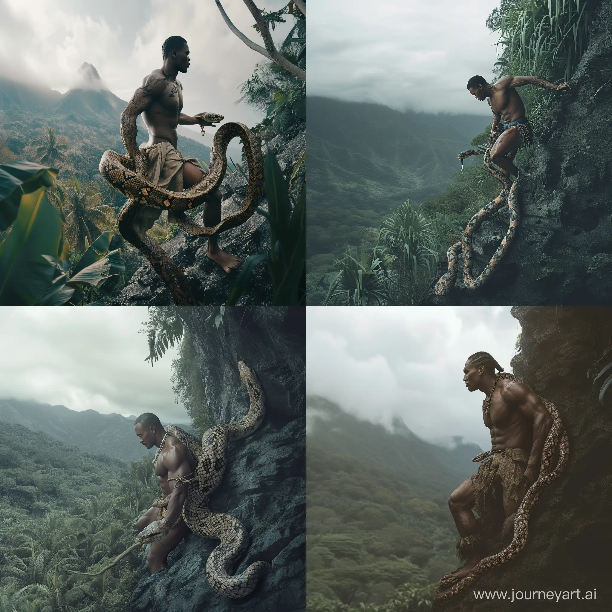 Fijian man is half giant snake from waist down, 
slithering out of a mountain top, photorealistic,
cinematic, scary, jungle, spooky, wide shot, full
body