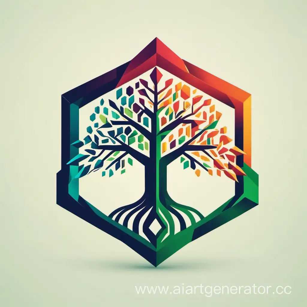логотип для студии аддитивных технологий в виде дерева шестигранной формы и стреловидной верхушкой, густыми ветвями, корнями, цветное, минимализм