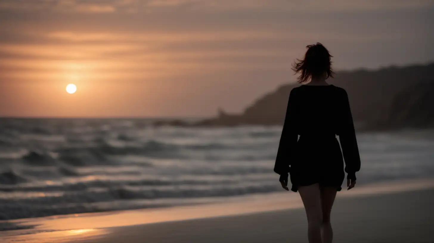a woman walking on the beach overlooking the ocean, dark background blurred, sunrise in background, space on top of the womans head