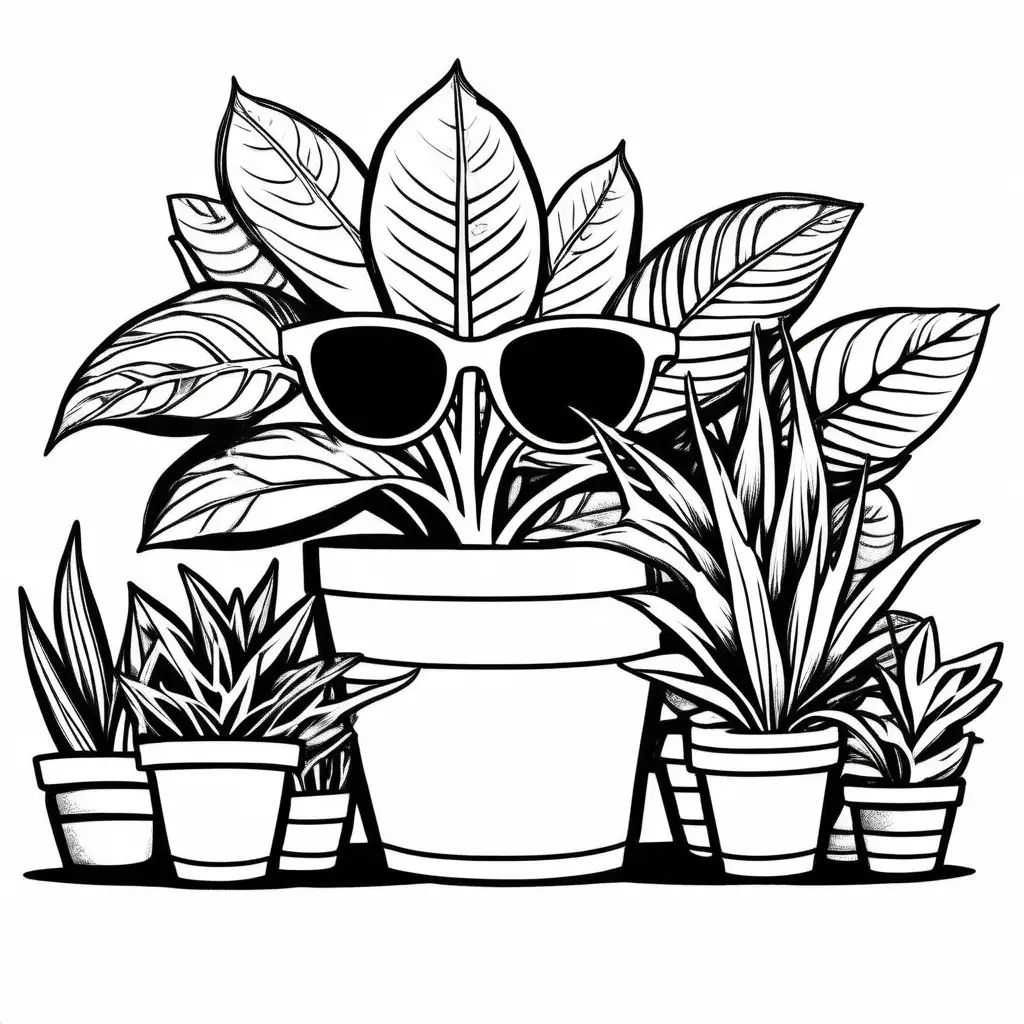 Big houseplant wearing sunglasses surrounded by smaller plants fawning over it, Coloring Page, black and white, line art, white background, Simplicity, Ample White Space. The background of the coloring page is plain white to make it easy for young children to color within the lines. The outlines of all the subjects are easy to distinguish, making it simple for kids to color without too much difficulty