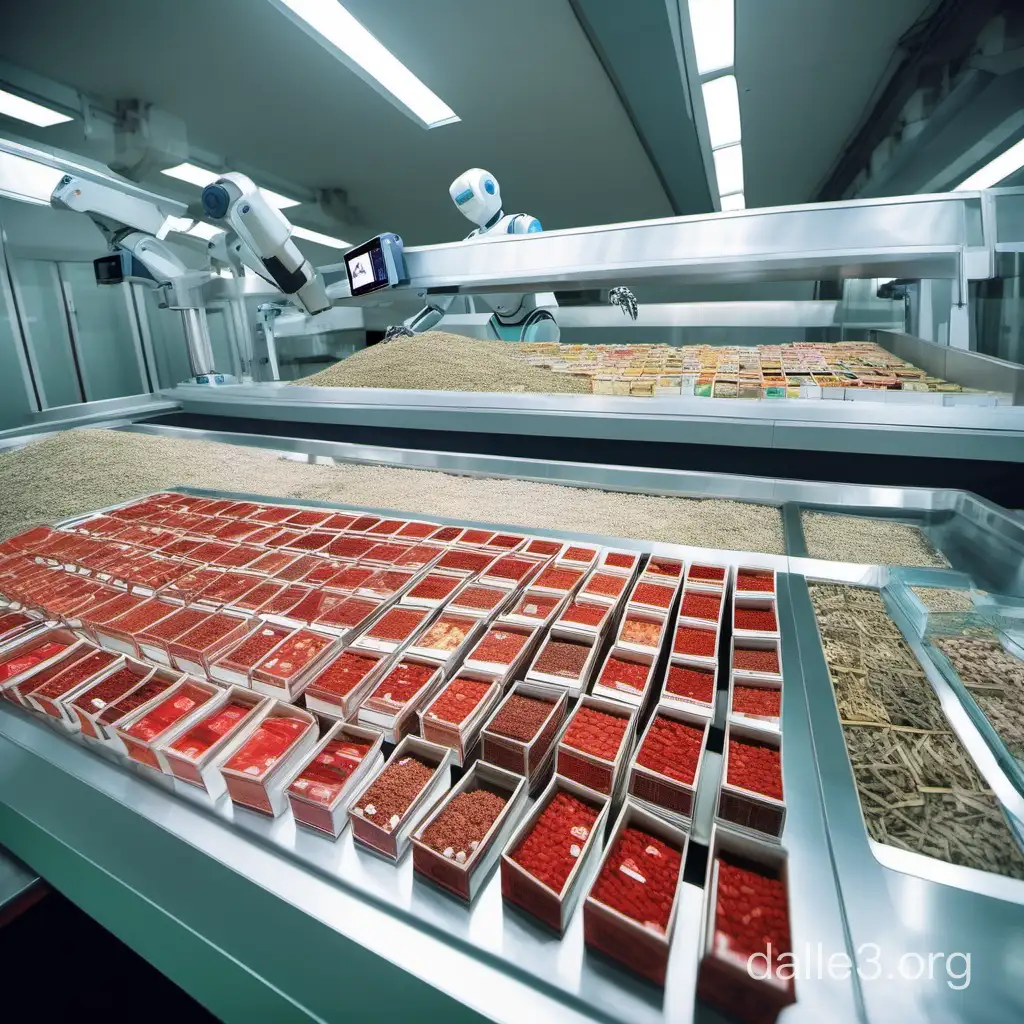 On the conveyor belt, there is a batch of Chinese medicinal materials. AI robots automatically identify and select useful Chinese medicinal materials for classification and arrangement.