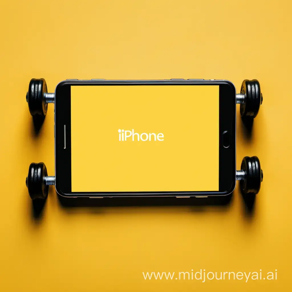 Iphone on a yellow background on a gym floor with kettlebells