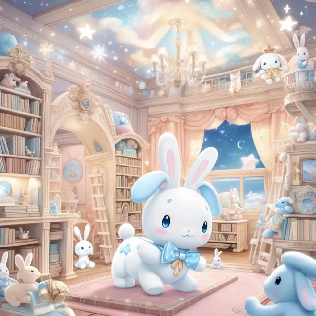 Cinnamoroll play with her fluffy friend Bunny in a magical playing room filled with an array of toys. The room  adorned with plush clouds and twinkling stars hanging from the ceiling. The shelves were lined with books about adventures in sweet lands and dreams of faraway galaxies.