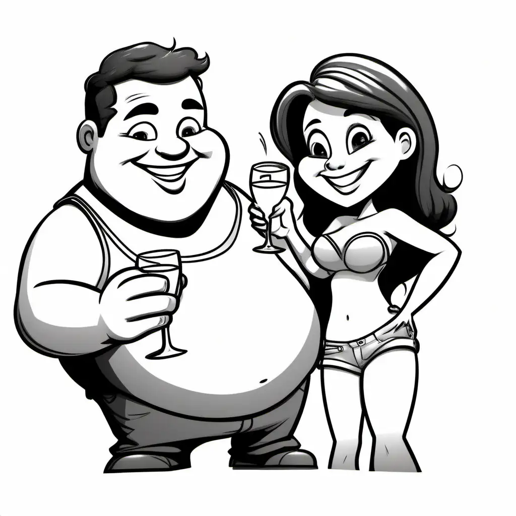 drawing of a fat man smiling and shirtless toasting a slightly smaller girl smiling on a white background in cartoon template