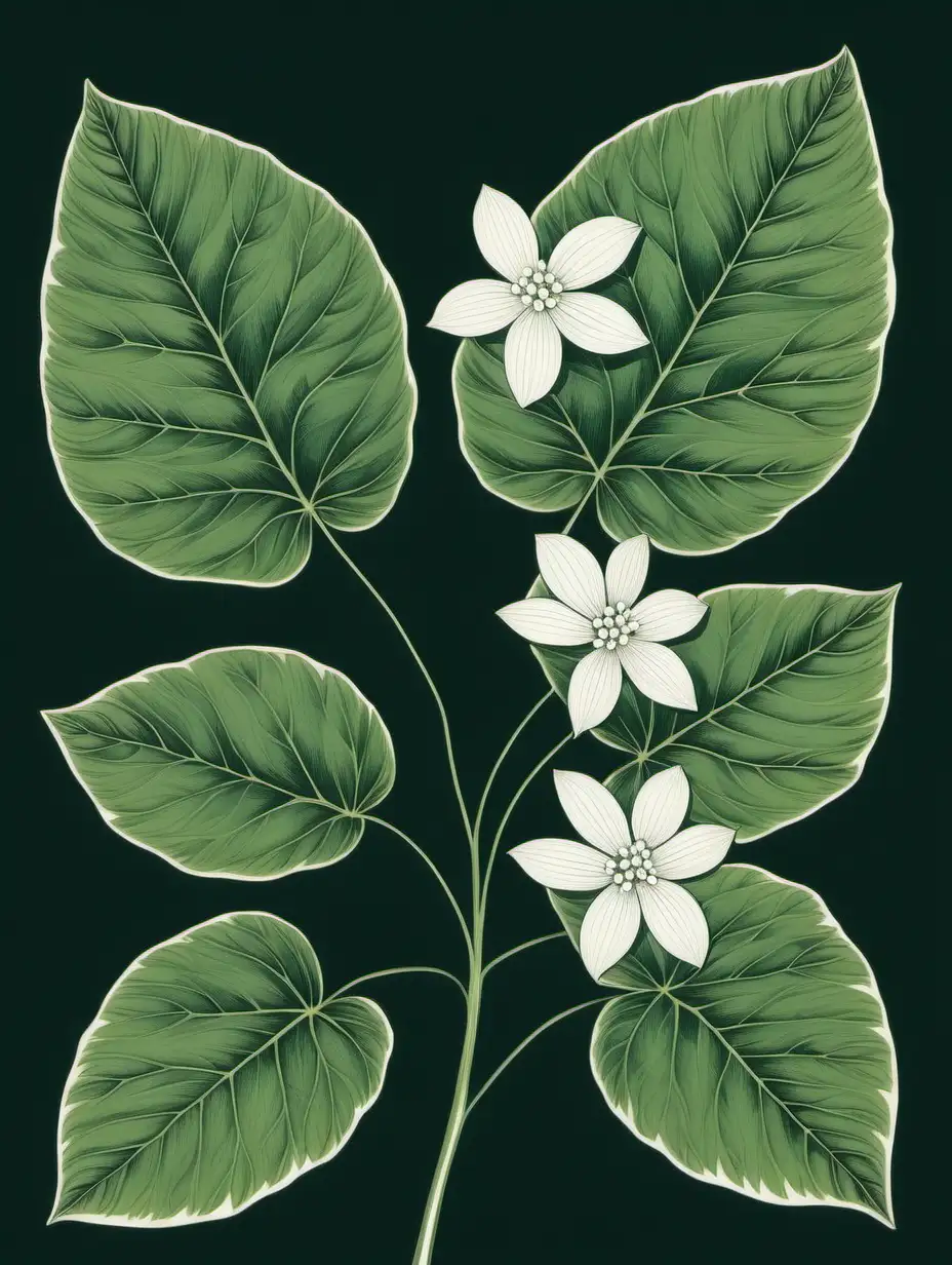 Botanical print, large leaves, small white flowers, vivid