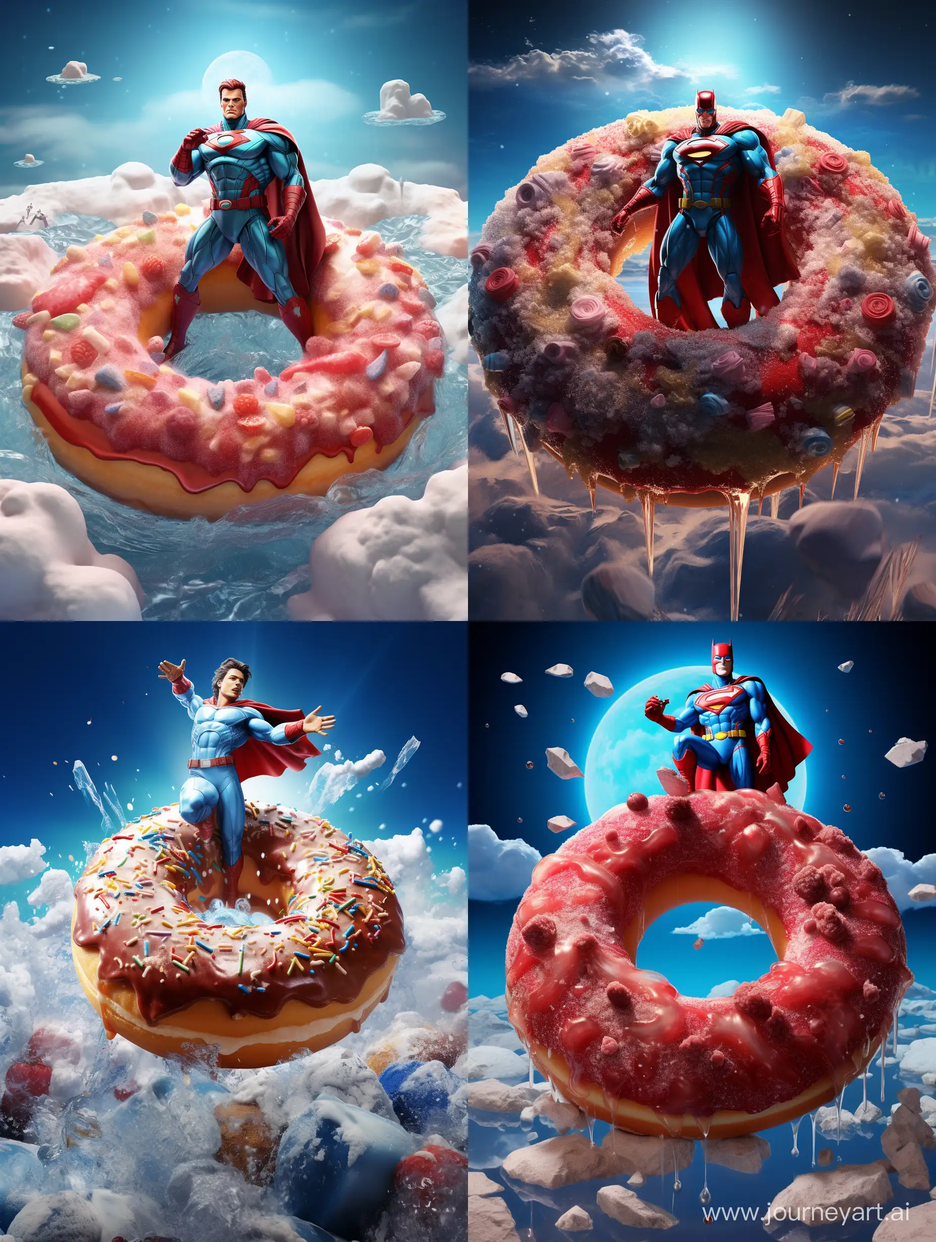 The image features a large donut with frosting and sprinkles, placed on top of ice cubes. The donut is decorated like Superman, making it an interesting and unique dessert. It appears to be the centerpiece of the scene, capturing attention due to its creative design.