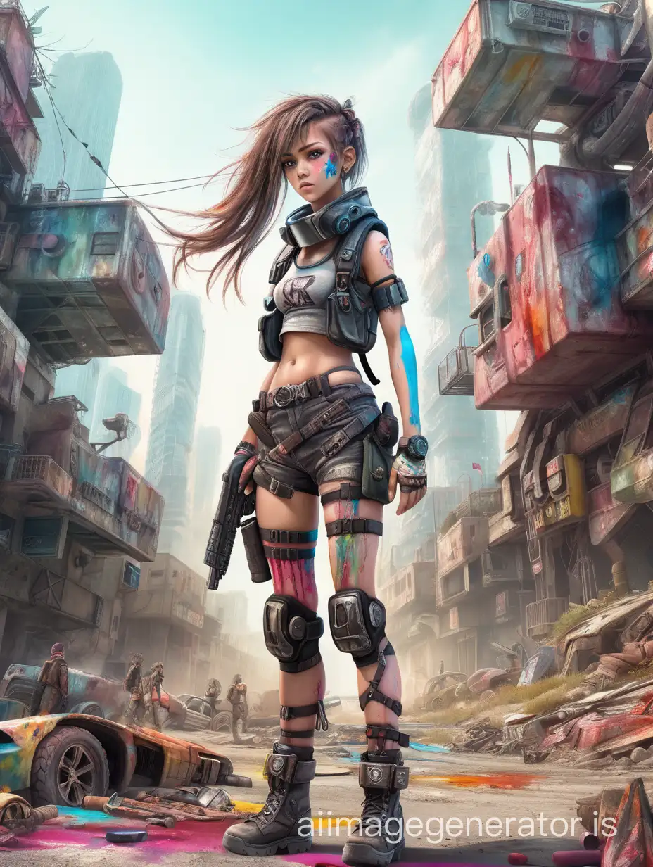 real RPG, post-apocalypse, distant future, cyborgs, a girl in open post-apocalyptic clothing, instead of blood color, colorful paints, various locations, various characters, various humorous situations, attention to detail, high quality images, direct gaze into the camera, Hair of different lengths, full length, art, various poses, view from below