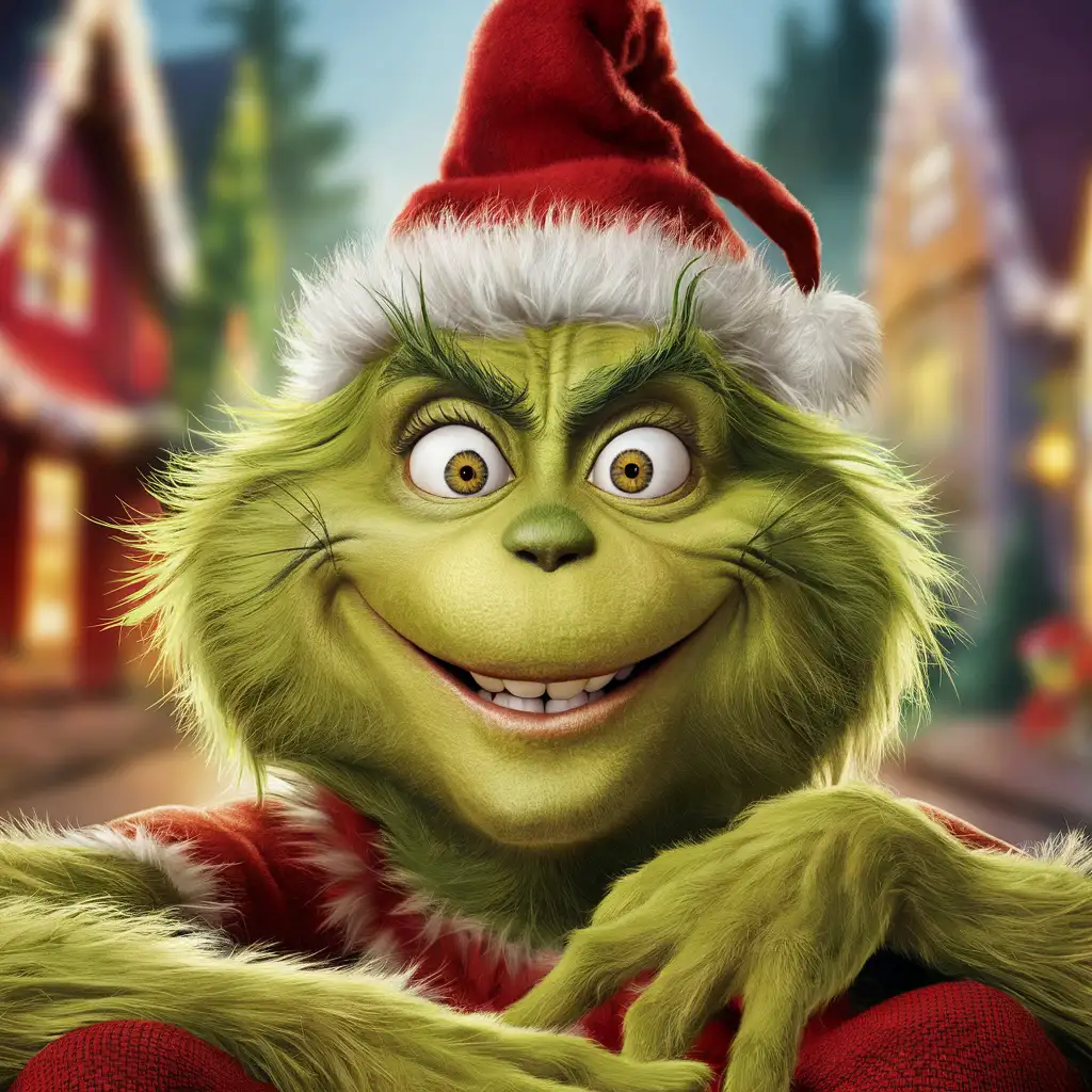 Grinch head and shoulders with surprised and happy facial expression