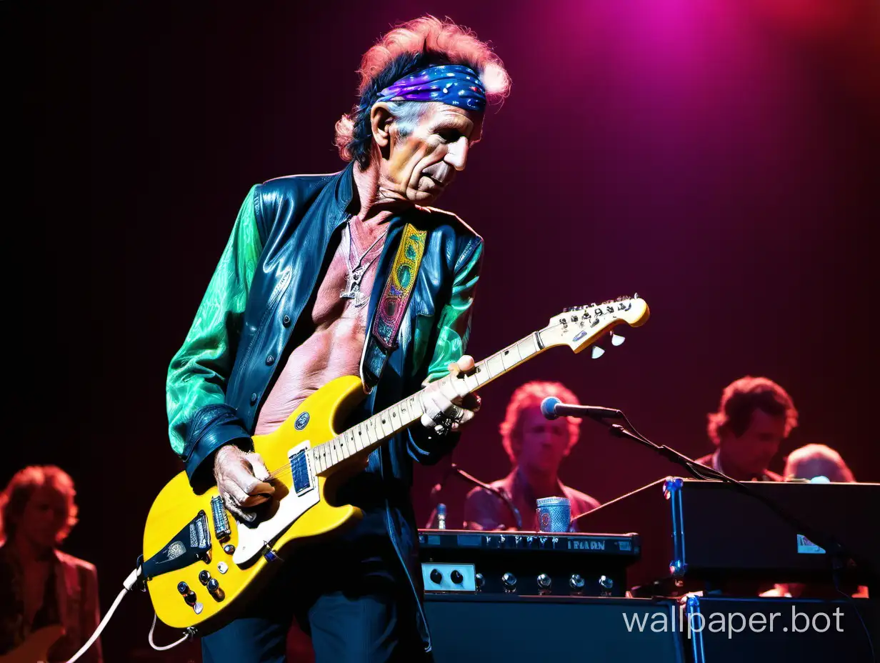 . Imagine a vibrant, dynamic scene where Keith Richards is center stage, his fingers dancing across the strings of his electric guitar as he plays a soulful, mesmerizing melody. The stage is bathed in colorful, psychedelic lights, casting a dreamlike glow over the audience. In the background, observe Ronny Wood watching in awe, a look of admiration and reverence on his face as he listens to Richards' incredible music.