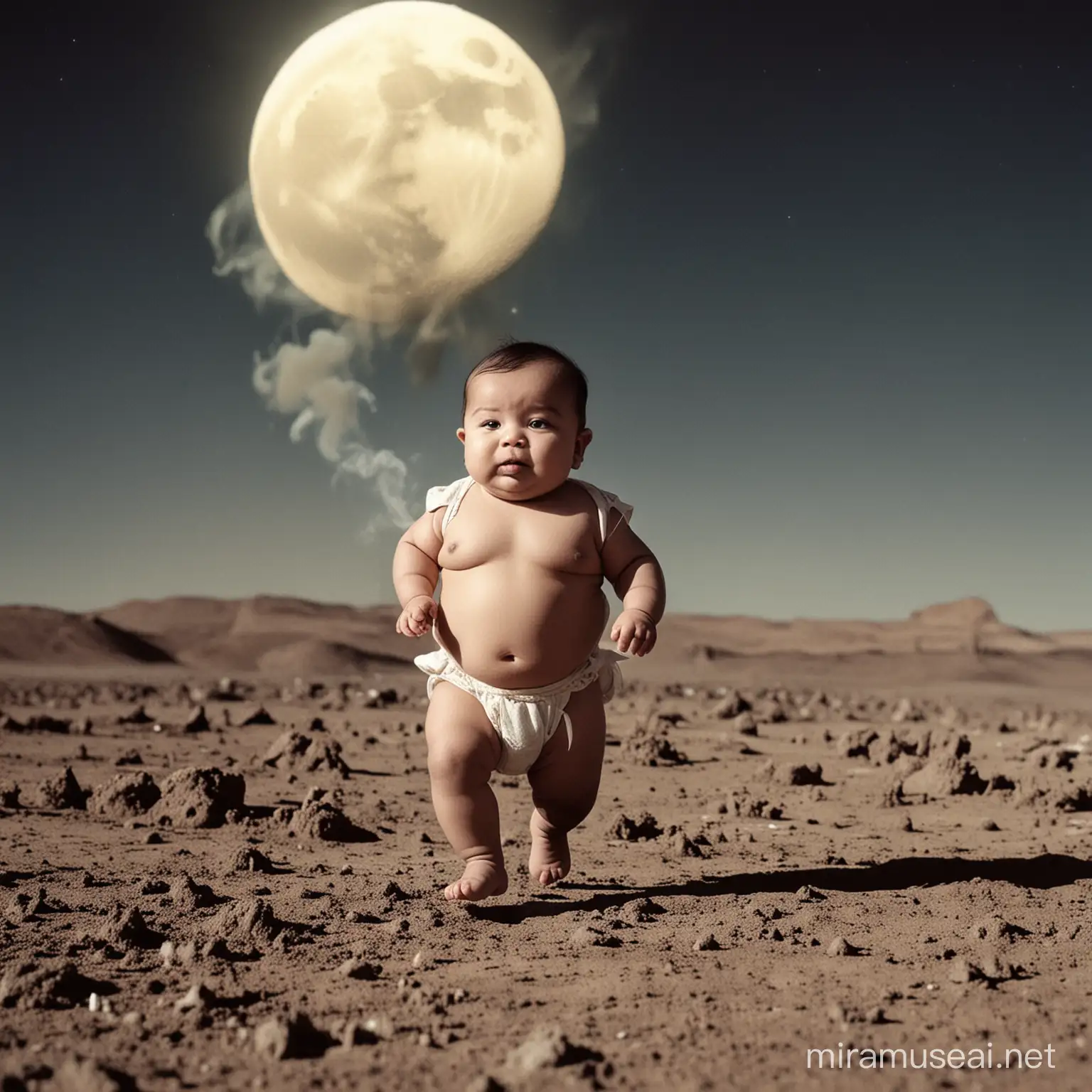 fat India baby smoking and running on moon
