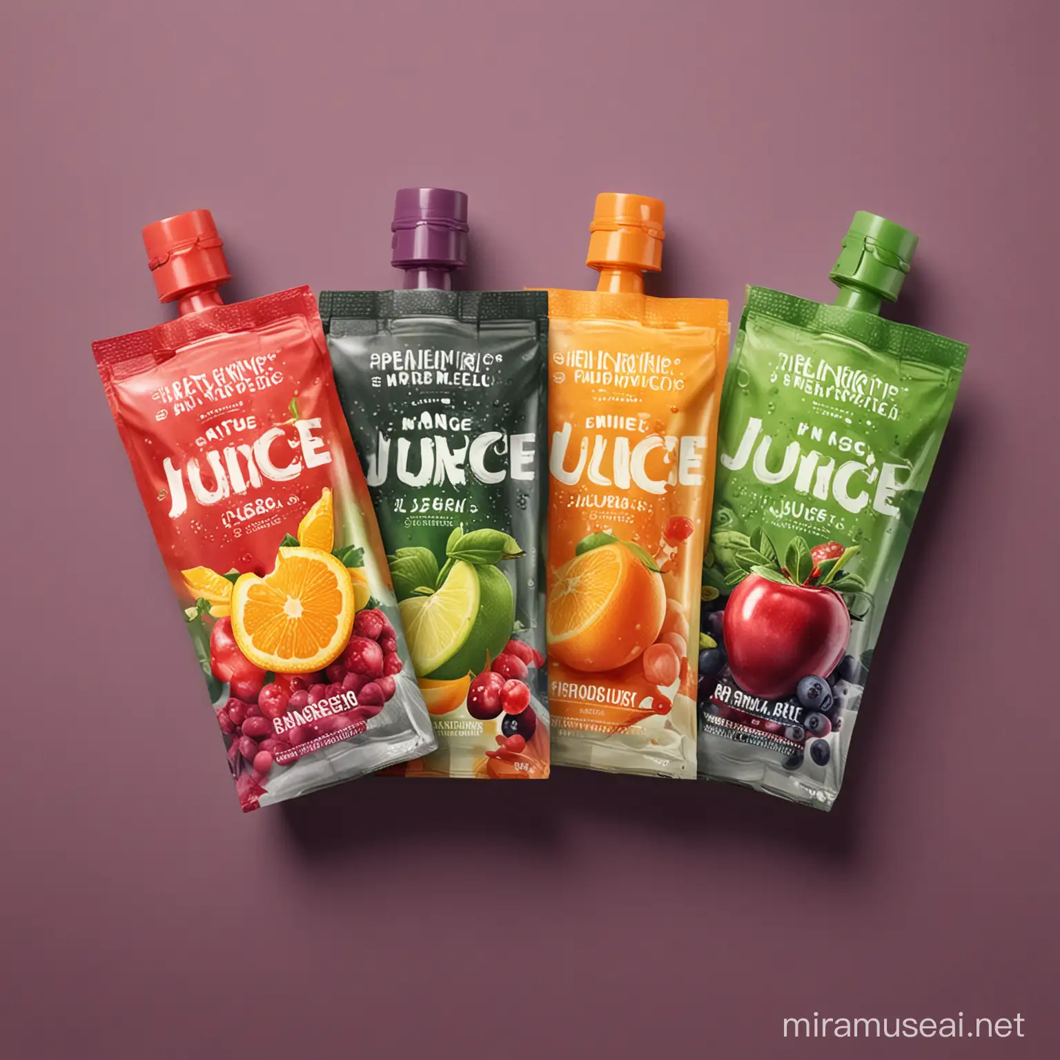 Colorful Juice Pouch Packaging Design with Vibrant Fruits and Refreshing Imagery