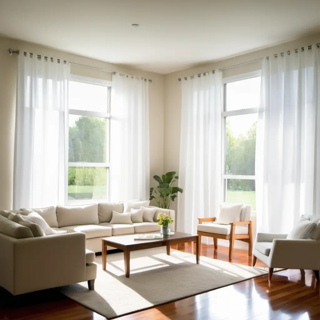 A living room with white curtains on the windows. The windows are open and it is sunny and beautiful outside.  no keywords.
