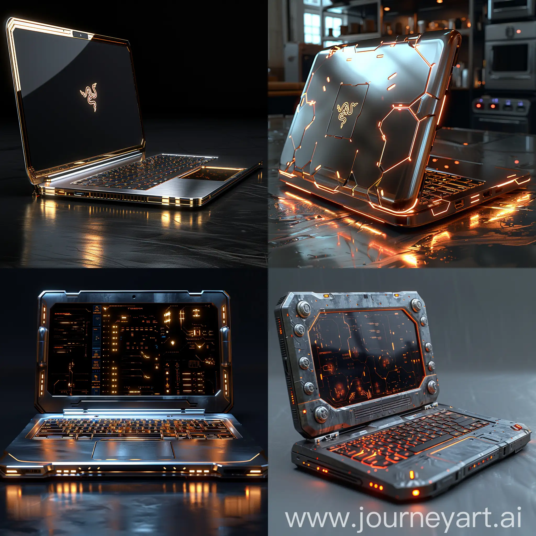 Futuristic laptop, stainless steel, reinforced materials, high tech, octane render --stylize 1000