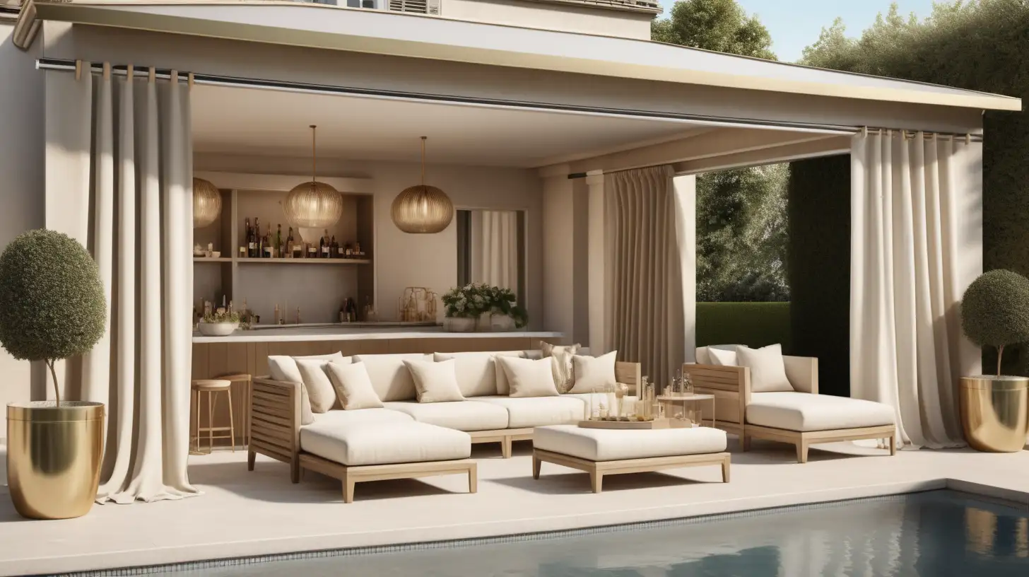 a hyperrealistic image of a Modern Parisian outdoor entertaining area with pool; cabana with curtains;  beige, light oak, brass color palette; 