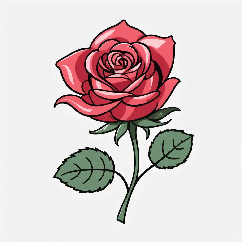 Vibrant Cartoon Rose Blossoming Against Pure White Background