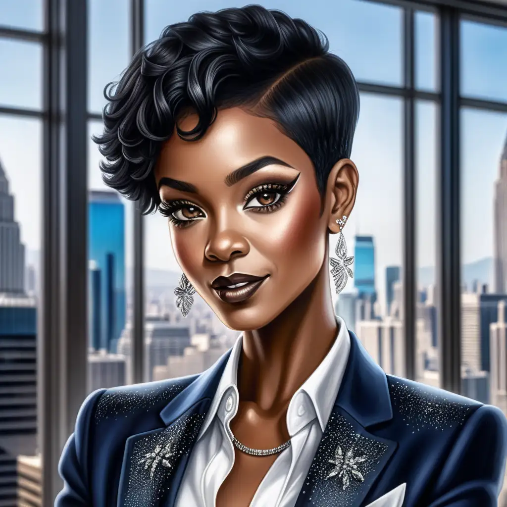 create an airbrush illustration of an african american beauty with luxurious glitter makeup, her hair is a black very short pixie haircut hairstyle, she is flawlessly dressed in a tailored classy suit, she looks like a rich CEO, seductive smirk on her face, bougie diva vibes, high-rise office with lavish decor & panoramic windows
