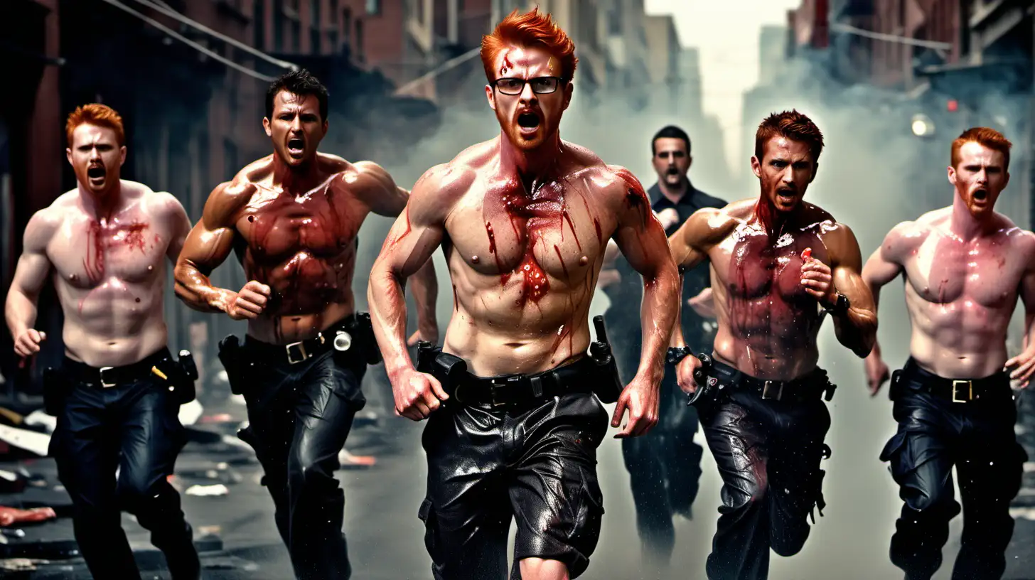 a small team of handsome male secret agents running to rescue the viewer, muscular, short hair, goatee, stubbles, 5 0'clock shadow, glasses, redhead, very sweaty, very wet, oiled up, foam, bubbles, steamy, torn pants, injured, bleeding, shoulder holster, spot light on muscles, show hairy chest, show abs, show legs, full body shot, streets on fire