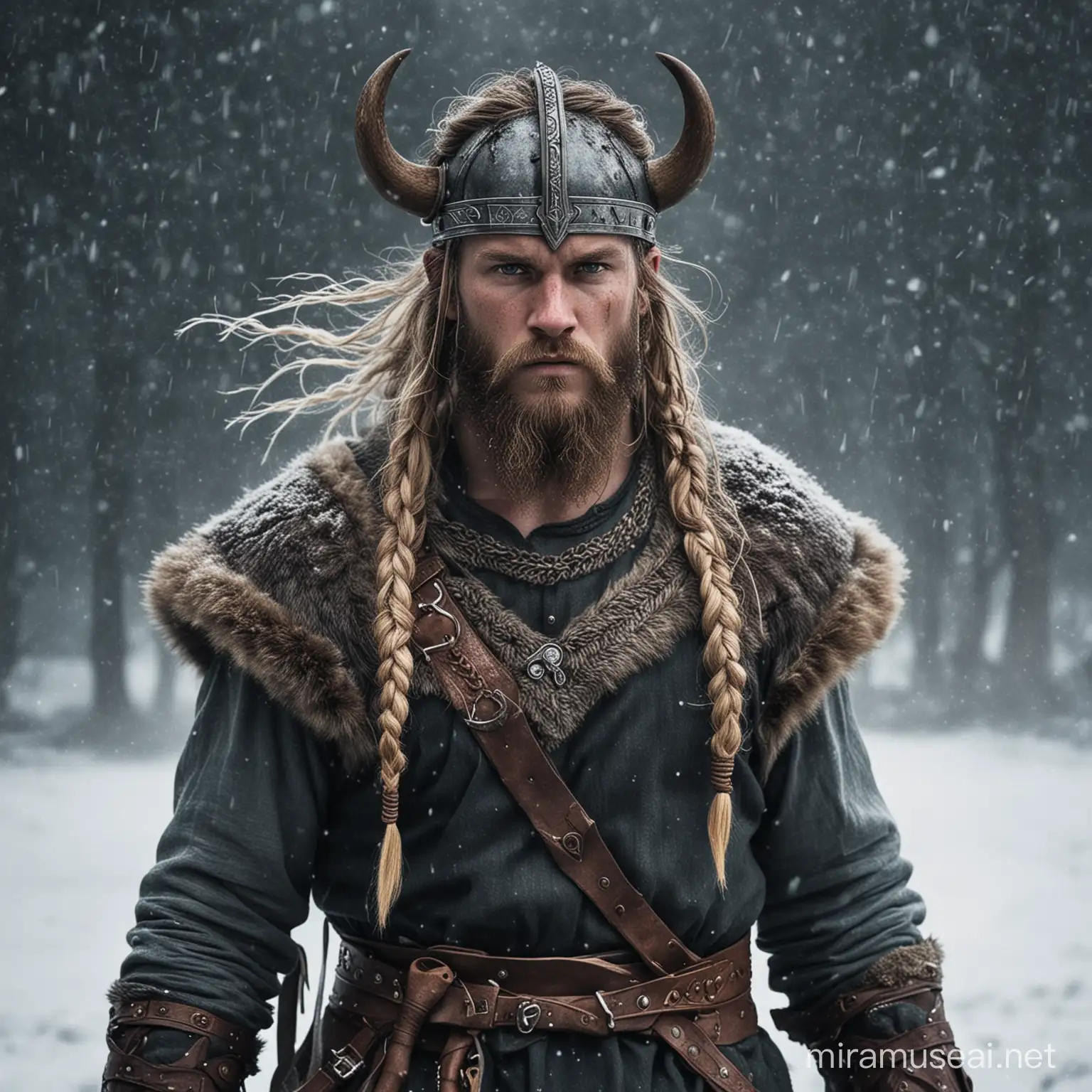 Fierce Viking Warrior Battling Blizzard with Axe