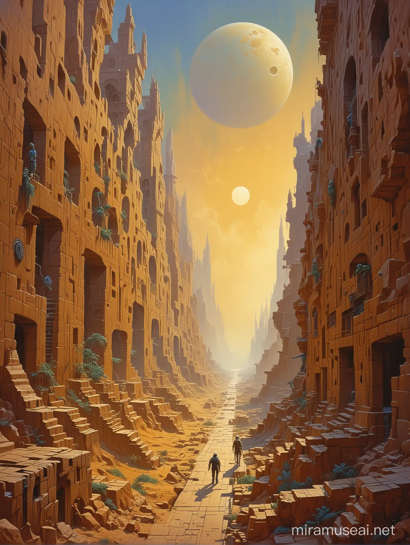 Highly detailed painting closely based on ((('Man in the Maze' by Bruce Pennington))), a spacecraft glides over a complex maze of concrete passages, the Moon is hazy hangs low in the yellow sky, use muted pastel colors only, high quality