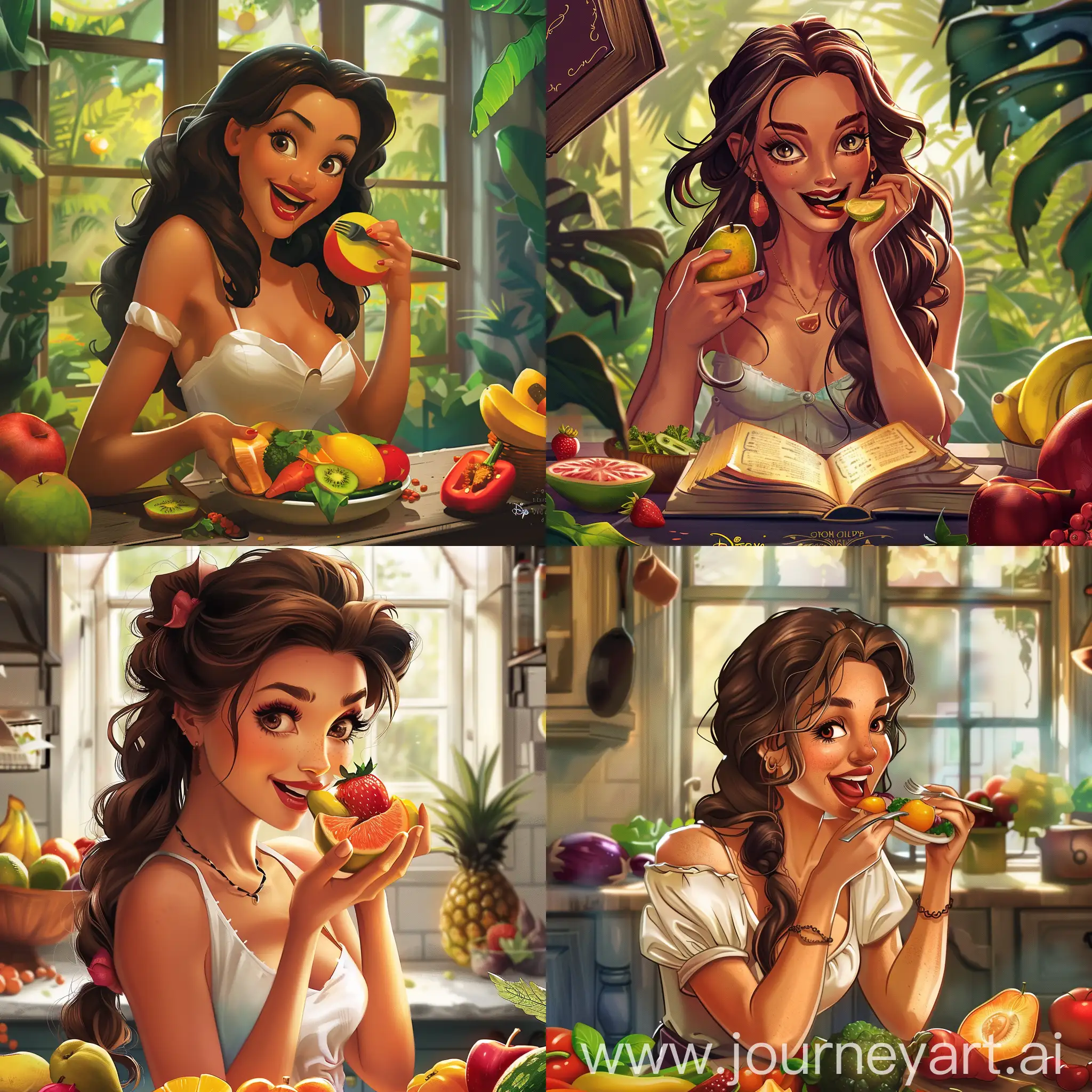 book cover, woman, eating fruits and veggies, cartoonish, Disney style, 
