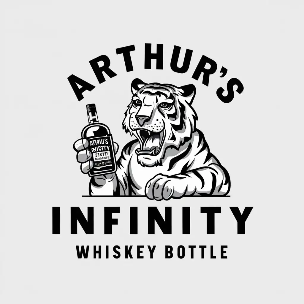 logo, In black and white, a drunk tiger holding a whiskey bottle, with the text "Arthur's Infinity Whiskey Bottle", typography, be used in Retail industry