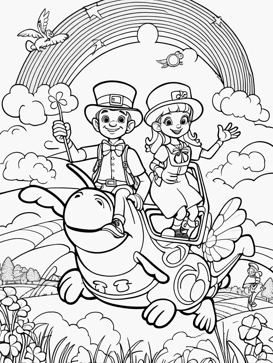 simple Pixar-style boy leprechaun with a girl leprechaun holding a four-leaf clover riding atop a pterodactyl flying through a rainbow with the sun behind them and a field of clover below them, coloring page, black and white, no shadows, no color, clean lines, 8k, high dof--ar 85:110