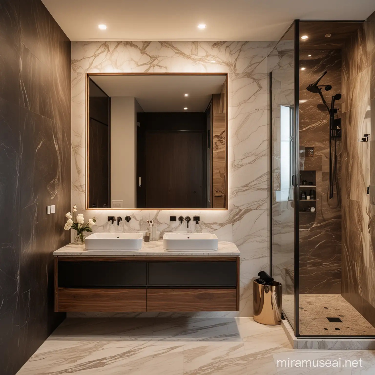 walnut, black, brown, marble, modern bathroom, warm light 