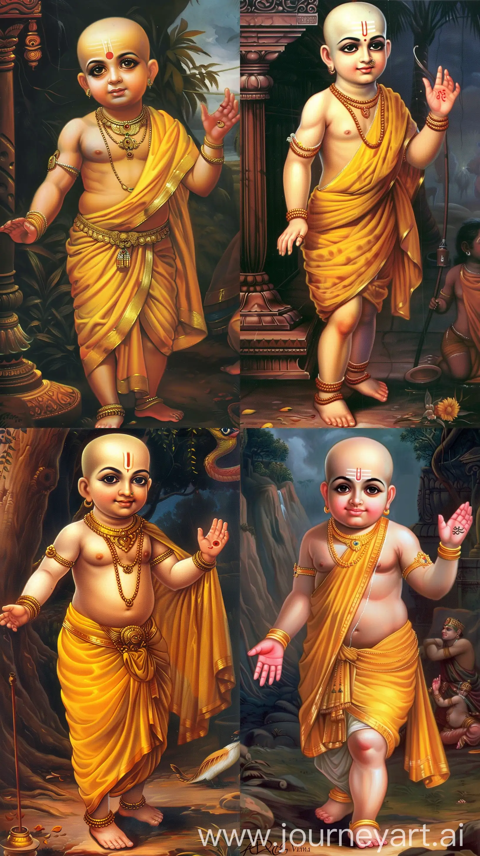 Raj Ravi Varma art style image of Vaman avatar from Hinduism, Vaman as a short Statured young Brahman in yellow attire, bald and no beard, little chubby from ancient Indian times, seen talking, hand gestures, intricate details, 8k image --ar 9:16  --sref https://i.postimg.cc/6qZWsf2W/1382972979-vaman-avatar.jpg --v 6