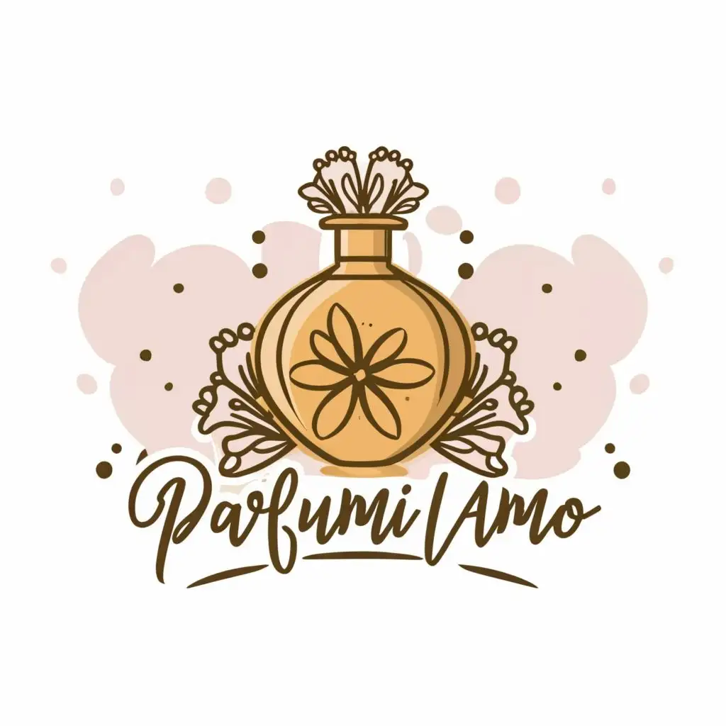 logo, a bottle perfum in 2d flowers, minimalist but elegant style, with the text "parfumi-amo", typography, be used in Beauty Spa industry