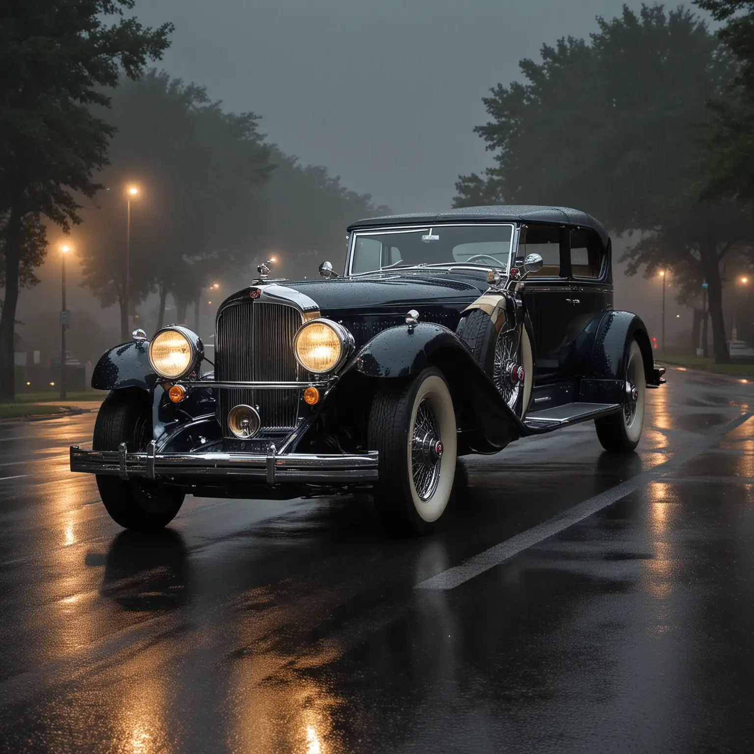 Vintage Duesenberg Car Driving Through Rainy Night