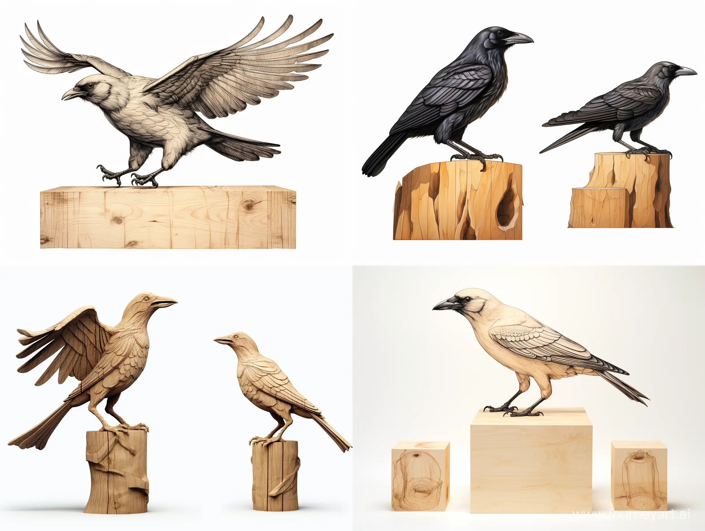 Professional wood carving sketch, life size crow in flight sitting on a large wooden cube, concept art, professional dynamic character, front, back and side view, wood carving, ready for battle 3d, white background, 8k render, ultra realistic