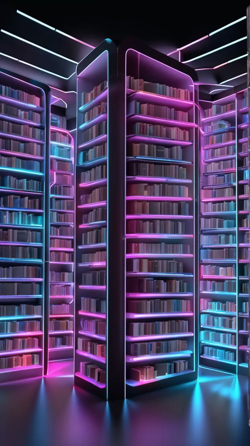 3D ai hologram  long book shelfs with digital glowing books