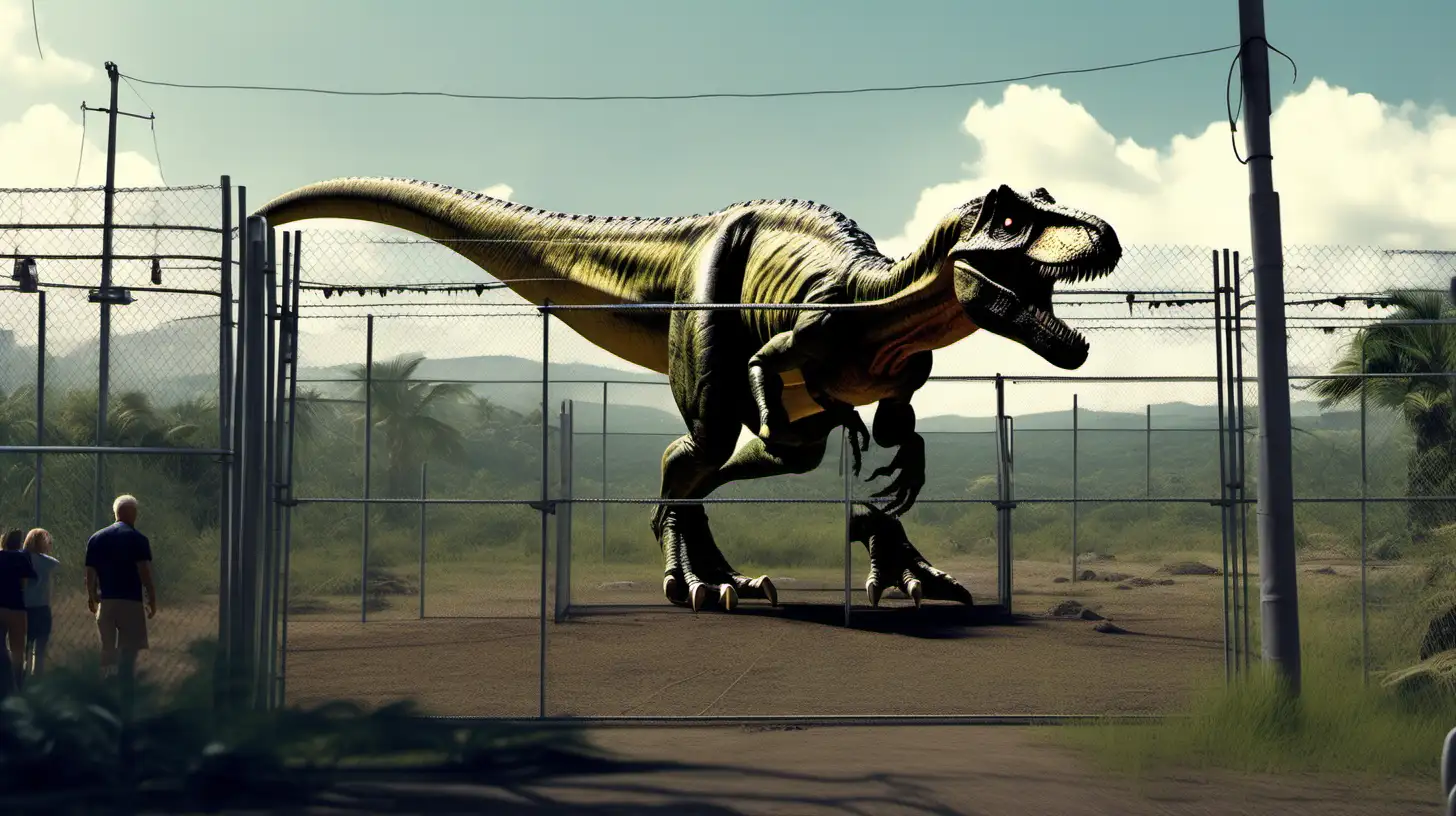 realistic image of t rex in a jurassic park in 2024 and people watching them from a distance beyond the high voltage fence