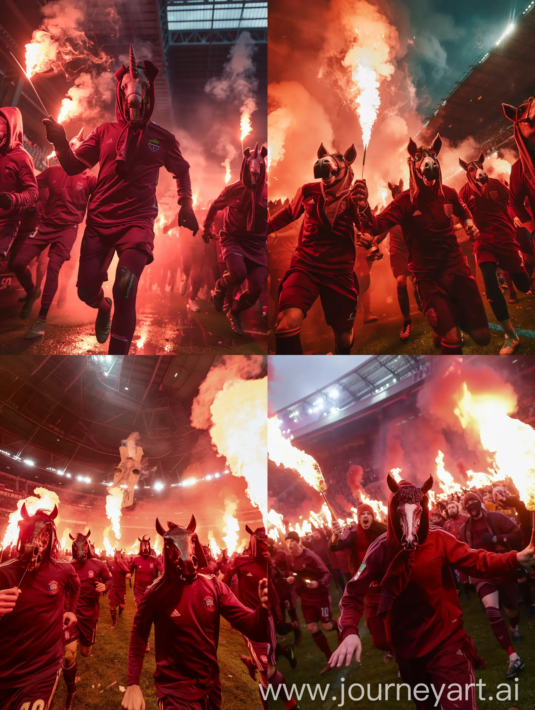 hooligans with maroon clothes and horse heads, holding flares and run to thes camera inside of a soccer stadium